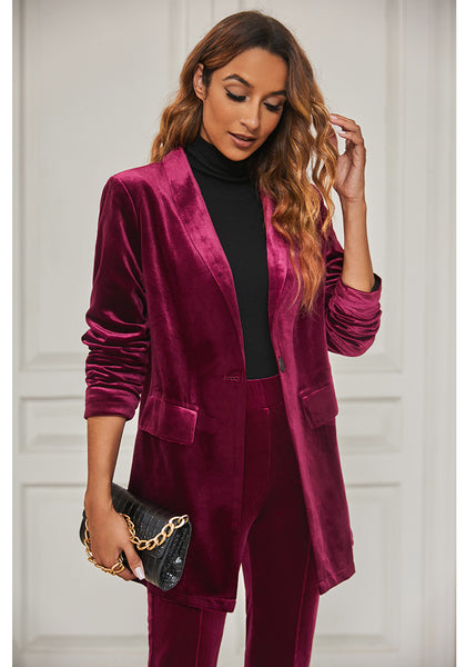 Wine Red Women's Oversized Velvet Blazers Business Casual Suit Jacket