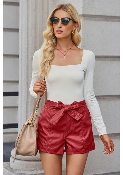 True Red Women's High Waist Wide Leg Stretch Belted Shorts PU Leather Pants