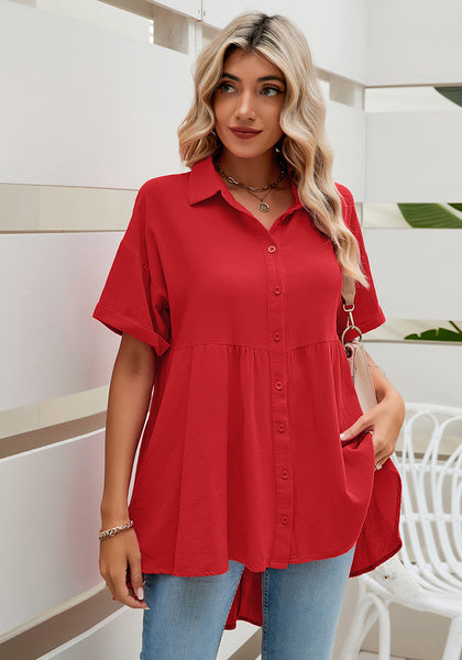 True Red 2023 Button Down Shirts for Women Oversized Short Sleeve Blouses Babydoll Flowy High Low Tunic Tops Summer