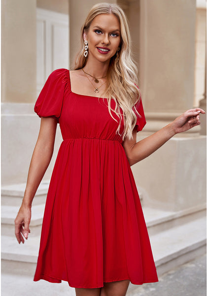 True Red Women's Off the Shoulder Puff Sleeve Square Neck A-Line Babydoll Dresses