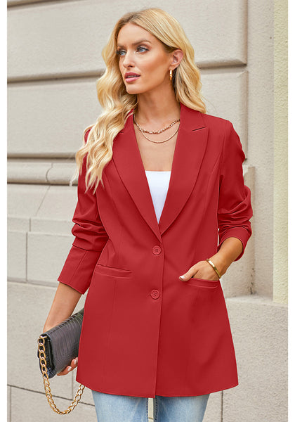 True Red Women's Long Professional Office Casual Pocket Lapel Blazers