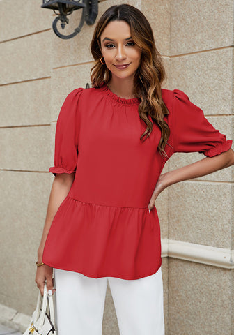 True Red 2023 Blouses for Women Dressy Casual Peplum Tops Puff Sleeve Ruffle Mock Neck Dress Shirt Flowy Summer