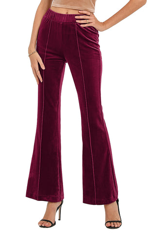 Wine Red Women Elastic Waist High Waisted Flare Seam Slack Pant