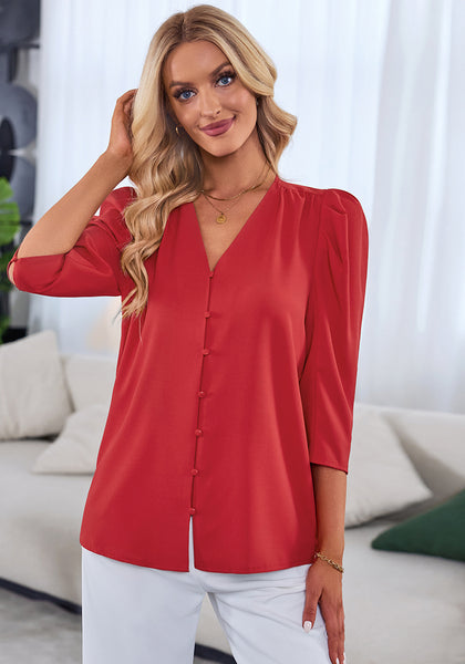 True Red Women's Casual Office Outfit 3/4 Puff Sleeve Button-Down Shirts