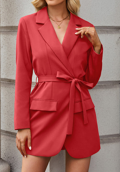 True Red Women's Casual Long Suit Jacket Belted Fashion Office Blazer Outfit