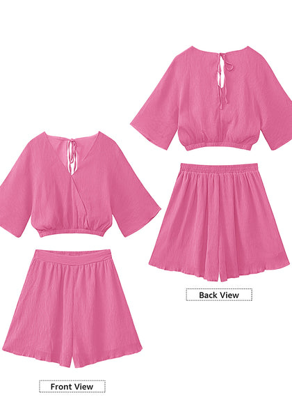 Sachet Pink Women's 2 Piece Outfit Textured Crop Tops Elastic Waist Flowy Shorts