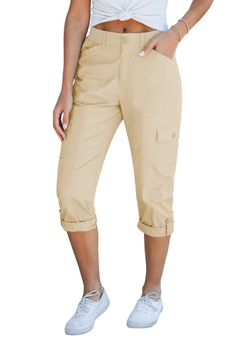 Beige Women's High Wasited Cargo Pants Cuffed Hem Elastic Waist Capri Pants With Pockets