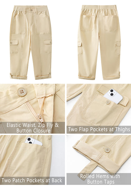 Beige Women's High Wasited Cargo Pants Cuffed Hem Elastic Waist Capri Pants With Pockets