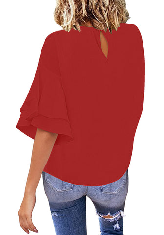 Red Trumpet Sleeves Keyhole-Back Blouse