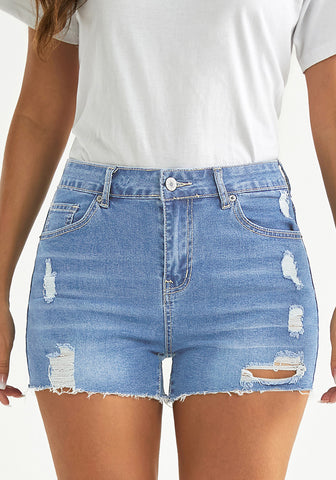 Lakeside Blue Women's High Waisted Distressed Denim Jeans Shorts Ripped Raw Hem Jean Shorts