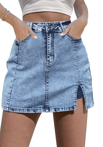 Roadknight Blue - Acid Wash Women's Brief Denim High Waisted Skirt Split Hem Stretch