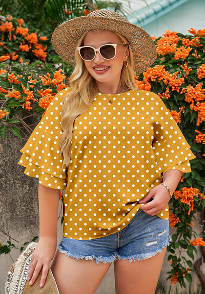 Yellow/White Polka Dot Women's Summer Blouse Casual Ruffle 3/4 Sleeve Tops Loose Shirts