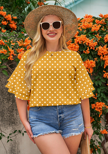 Yellow/White Polka Dot Women's Summer Blouse Casual Ruffle 3/4 Sleeve Tops Loose Shirts