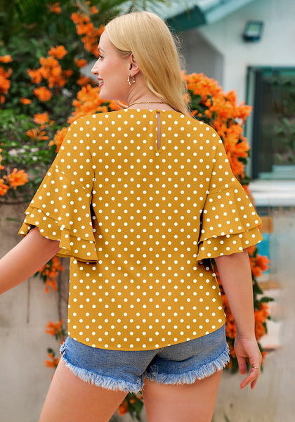 Yellow/White Polka Dot Women's Summer Blouse Casual Ruffle 3/4 Sleeve Tops Loose Shirts