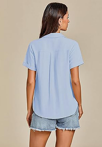 Ice Blue for Women's Lapel Button Front Short Sleeve Top Casual Blouse Button-Down Shirt