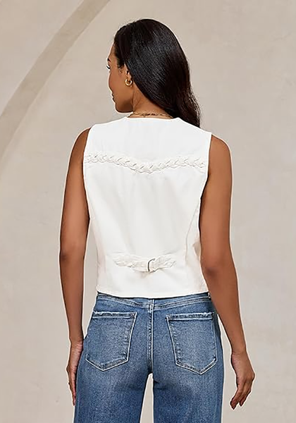 LookbookStore Women Cream White  Casual Sleeveless Denim Vest Button Down Braided Adjustable Waist Western Jean Waistcoat