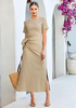 LookbookStore Women's Beige Summer Casual Long Tshirt Dress Short Sleeve Self Tie Side Split Beach Vacation Dress 2026