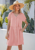 LookbookStore Women's Pink Summer Casual Linen Babydoll Dress V Neck Short Sleeve Button Down Above Knee with Pockets