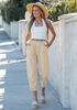 LookbookStore Women's Apricot Linen Barrel Capri Pants High Waisted Elastic Pull On Casual Summer Beach Vacation Pants