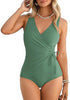 Women One Piece Swimsuit V Neck Wrap Design Side Drawstring Ruched Sleeveless Tank Swimwear