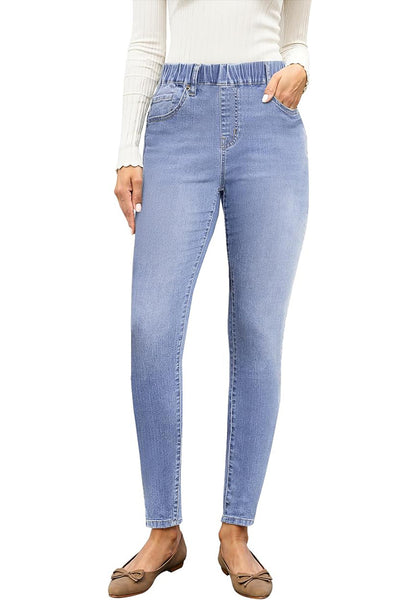 Lakeside Blue High Waist Skinny Jeans with Elastic Waistband for Women Stretch Denim Functional Pockets Comfort Fit Jeggings