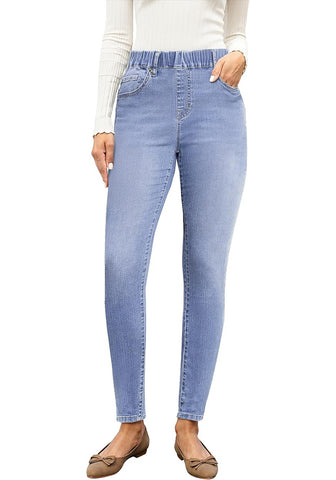 Lakeside Blue High Waist Skinny Jeans with Elastic Waistband for Women Stretch Denim Functional Pockets Comfort Fit Jeggings