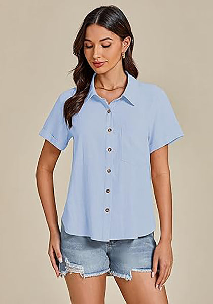 Ice Blue for Women's Lapel Button Front Short Sleeve Top Casual Blouse Button-Down Shirt