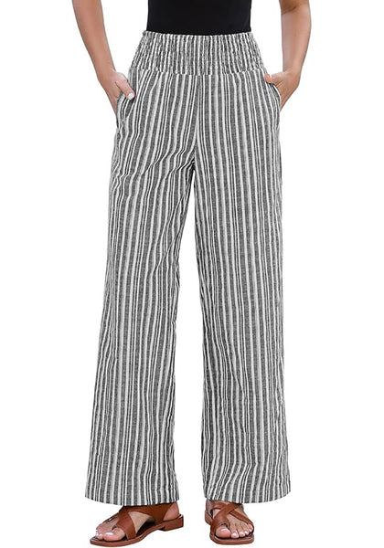 Women’s Striped Wide Leg Pants Causal Elastic High Waist Full Length Trousers with Pockets
