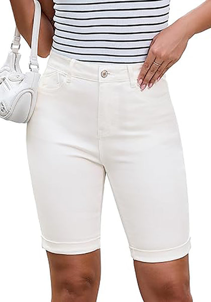 LookbookStore Cream White Women's Viral Y2K Aesthetic High Waist Stretchy Bermuda Denim Shorts with Rolled Cuffs