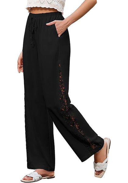 Women's Loose Wide Leg Pants with Hollow Out Side High Waisted Drawstring Elastic Casual Summer Trousers