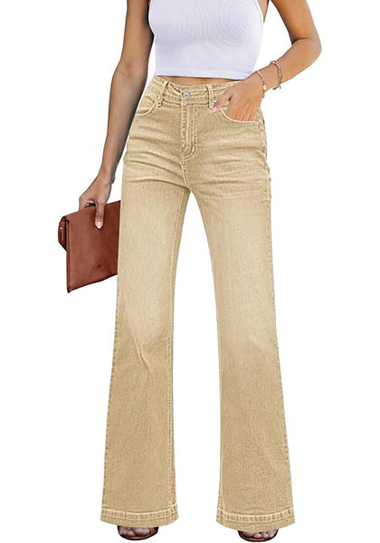 Pale Khaki Mid-Waisted Stretchable Straight Leg Denim Jeans
