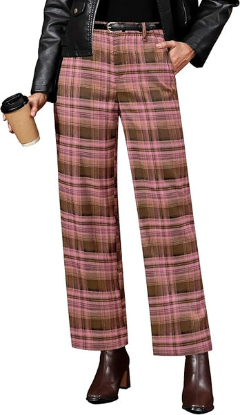 Brown & Pink Plaid Palazzo Pants Women High Waist Wide Leg Trousers with Pockets Comfort Fall Winter Vintage Office