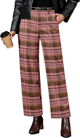 Brown & Pink Plaid Palazzo Pants Women High Waist Wide Leg Trousers with Pockets Comfort Fall Winter Vintage Office