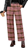 Brown & Pink Plaid Palazzo Pants Women High Waist Wide Leg Trousers with Pockets Comfort Fall Winter Vintage Office