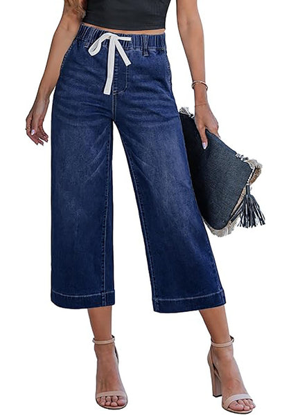 Casual Capri Jeans for Women Wide Leg Elastic Drawstring Waist Cropped Denim Trousers