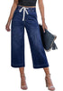 Casual Capri Jeans for Women Wide Leg Elastic Drawstring Waist Cropped Denim Trousers