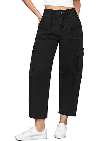True Black Women's Jeans Denim Relaxed Straight Ankle Length Barrel Cargo Pant