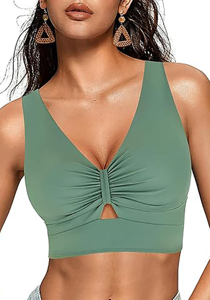 Women's Cropped Tankini Top Bow Knot Cut out Ruched Bikini