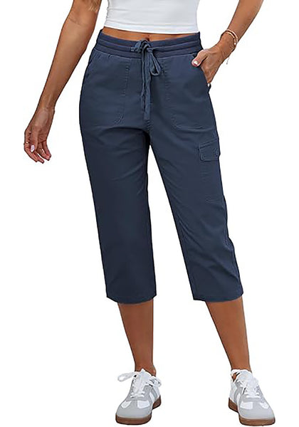 Women's Stretchy High Elastic Waist Wearable Tapered Short Cargo Capri Pants
