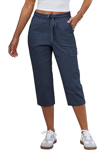 Women's Stretchy High Elastic Waist Wearable Tapered Short Cargo Capri Pants