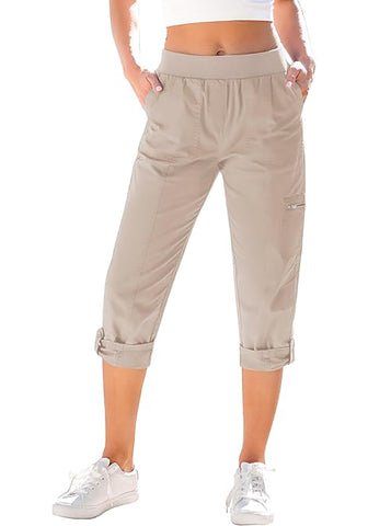 Light Taupe Women Waist High Waist Slight Stretch Capri Elastic Wais
