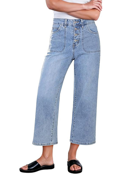 Women's High Waisted Multi Button Wide Leg Denim Jeans Casual Relaxed Daily Wear Functional Pockets