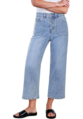 Women's High Waisted Multi Button Wide Leg Denim Jeans Casual Relaxed Daily Wear Functional Pockets
