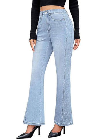 Lakeside Blue Women's High Waisted Flared Jeans Rhinestone Side Stripes Comfort Stretch Functional Pockets