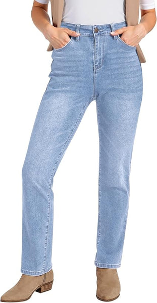 Lakeside Blue High Waist Denim Pants Straight Leg Comfort Stretch Jeans Full Length Jeans with Pockets Casual