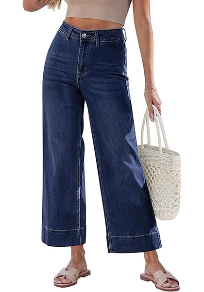 Women's High Waisted Wide Leg Cropped Denim Pants Rolled Cuff Casual Daily Wear Versatile Styling