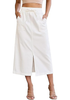 LookbookStore Women Cream White High Waist Jean Midi Skirt Elastic Drawstring Denim Long Skirt with Pockets Front Split Design