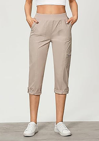 Light Taupe Women Waist High Waist Slight Stretch Capri Elastic Wais