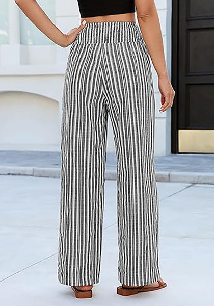 Women’s Striped Wide Leg Pants Causal Elastic High Waist Full Length Trousers with Pockets