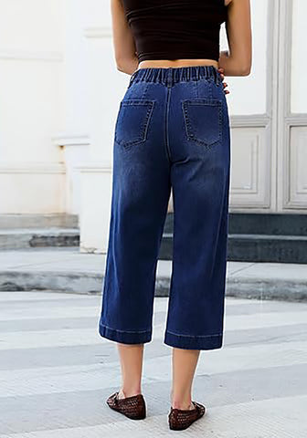 Casual Capri Jeans for Women Wide Leg Elastic Drawstring Waist Cropped Denim Trousers